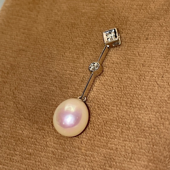 Solid Stamped 14K 585 White Gold Pearl Natural Diamond Pendant for Necklace - Picture 4 of 11